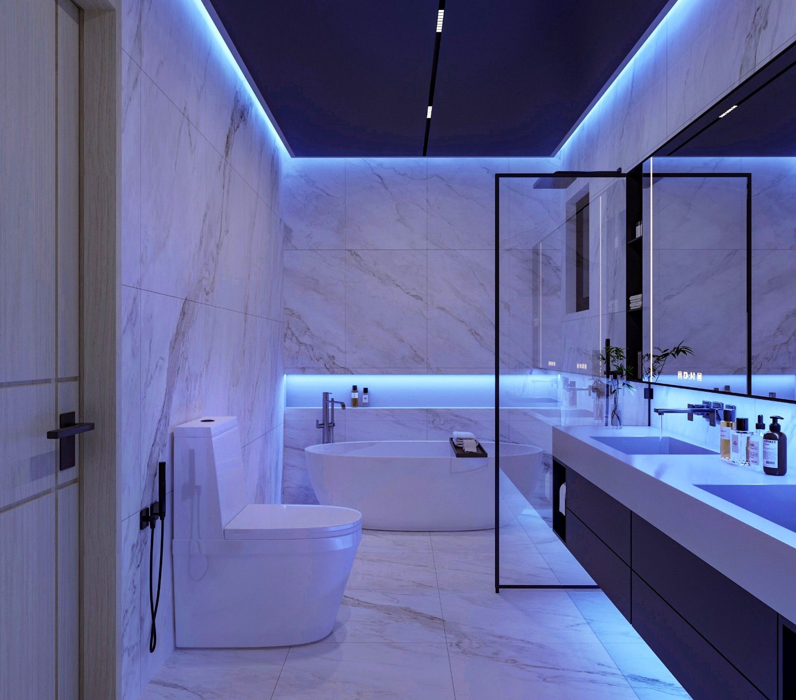 3D visualization of a bathroom with marble-look walls, blue cove lighting, a freestanding bathtub, a double vanity and a glass-screened shower.