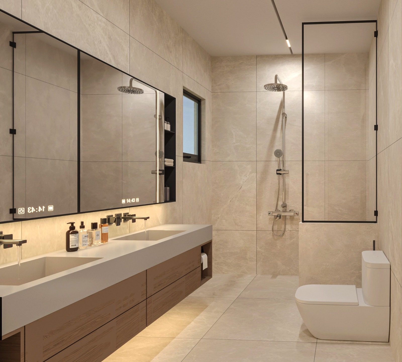 3D visualization of a bathroom with warm stone-look tiles, a floating double vanity beneath backlit mirrors and a walk-in shower behind a black-framed glass screen.