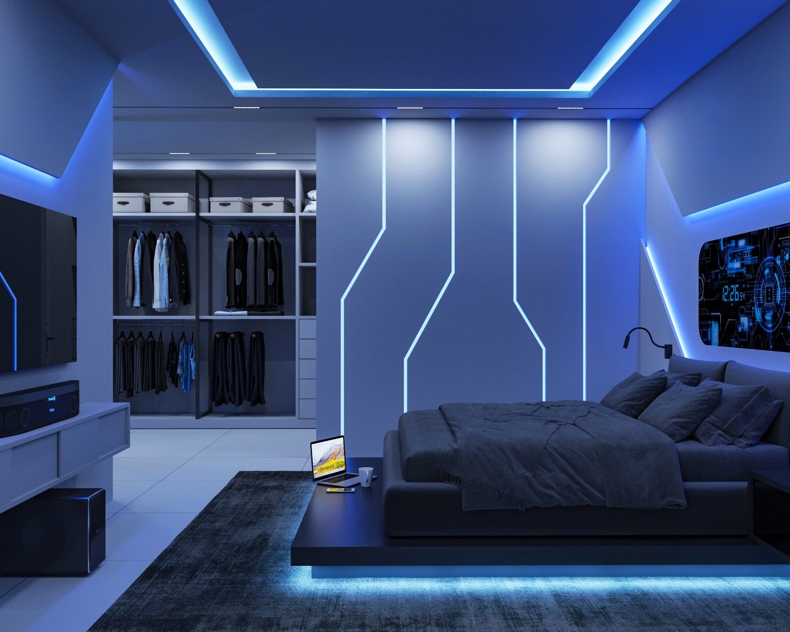 3D visualization of a bedroom with blue cove and accent-line lighting, a low platform bed, a wall-mounted television and an open walk-in closet.