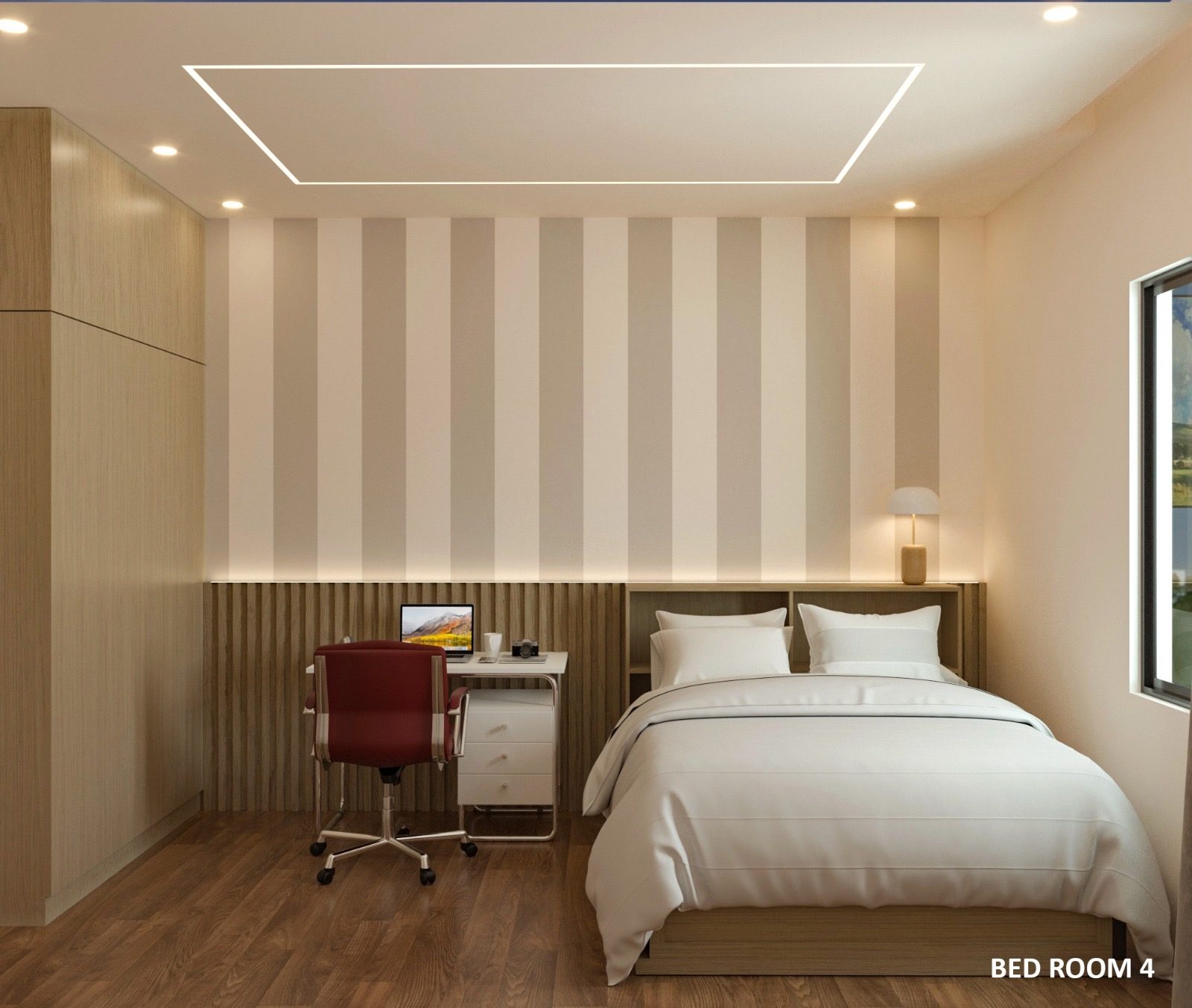 3D visualization of a bedroom with a striped feature wall, a timber headboard ledge, a study desk with a red chair and a large window.