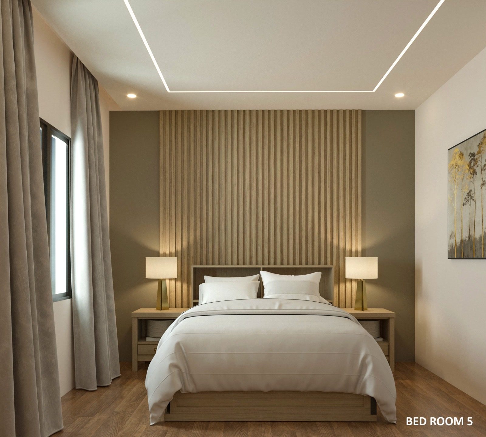 3D visualization of a bedroom with a full-height timber slat headboard wall, matching bedside lamps and floor-length curtains.