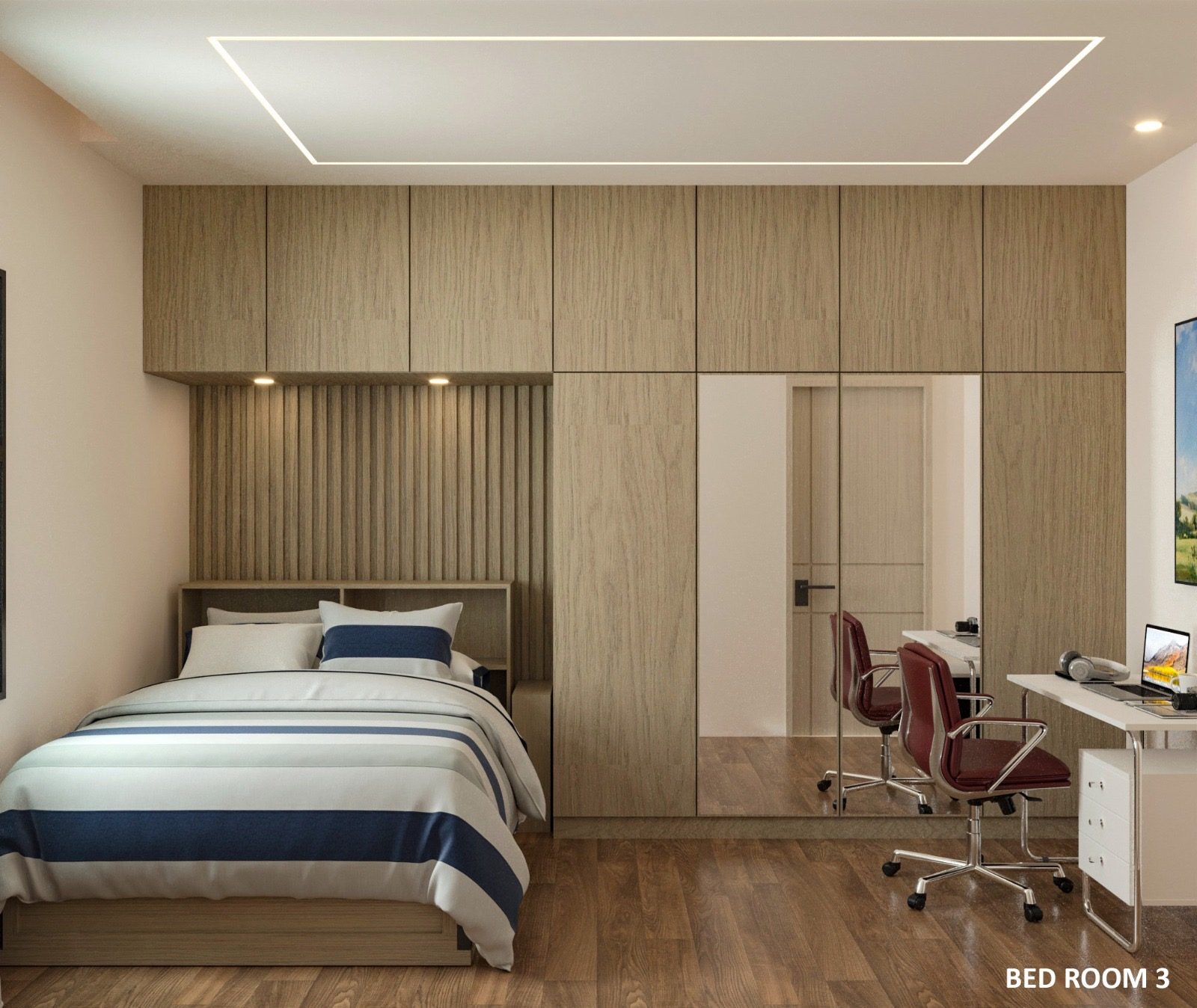 3D visualization of a bedroom with a full-height timber wardrobe wall, a slatted headboard, striped bed linen and a study desk with a red chair.