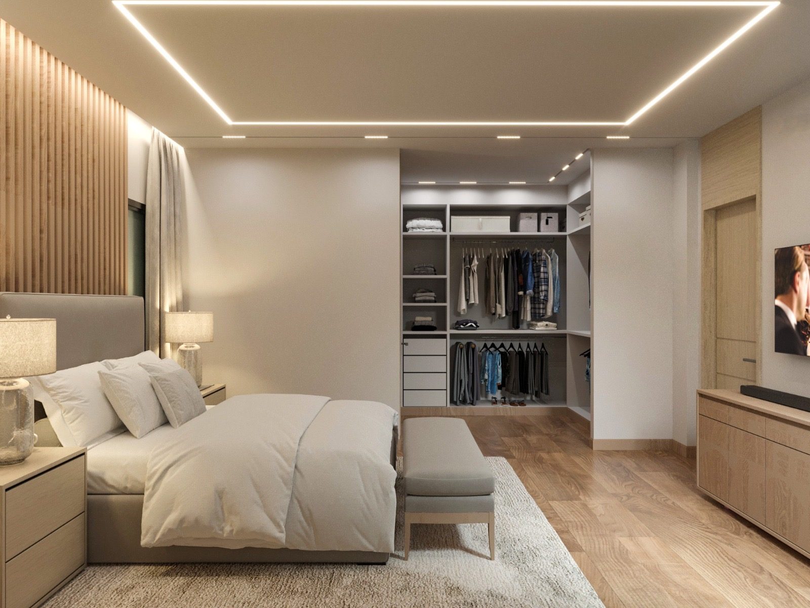 3D visualization of a warm minimalist bedroom with a perimeter light cove, timber slat panelling, an upholstered bed and an open walk-in wardrobe.