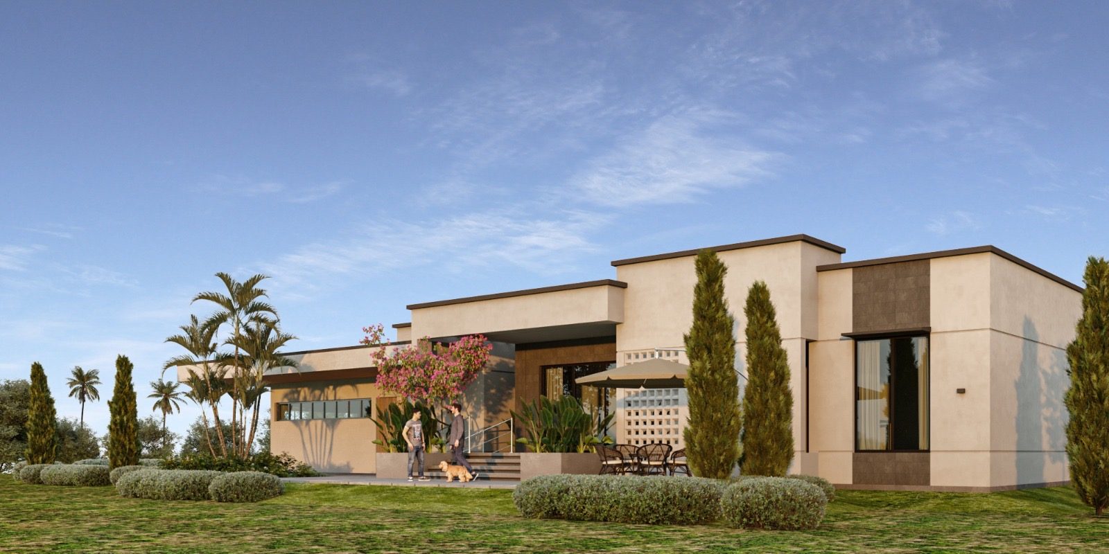 Garden-side exterior perspective of Rosalia Residence — flat-roofed volumes in warm render with a dark stone-clad accent, a breeze-block screen, an outdoor dining terrace beneath a parasol and the bougainvillea-framed entrance.