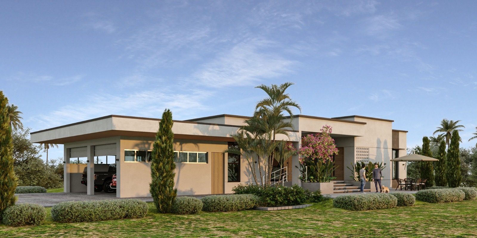 Three-quarter exterior perspective of Rosalia Residence — a single-storey modern home with layered flat roofs, warm render walls and a two-car carport, framed by palms, slender cypress trees and a landscaped lawn.